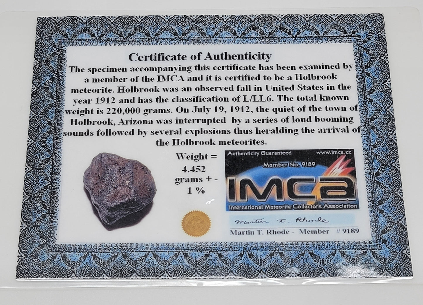 Holbrook Meteorite Crusted Individual Navajo County, Arizona Witnessed Fall - 4.45g